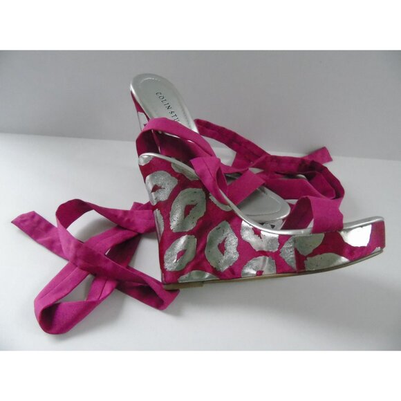 Colin Stuart Pink Silver Platform Shoes Strappy Fabric Kisses Size 5 1/2 M - Picture 1 of 8